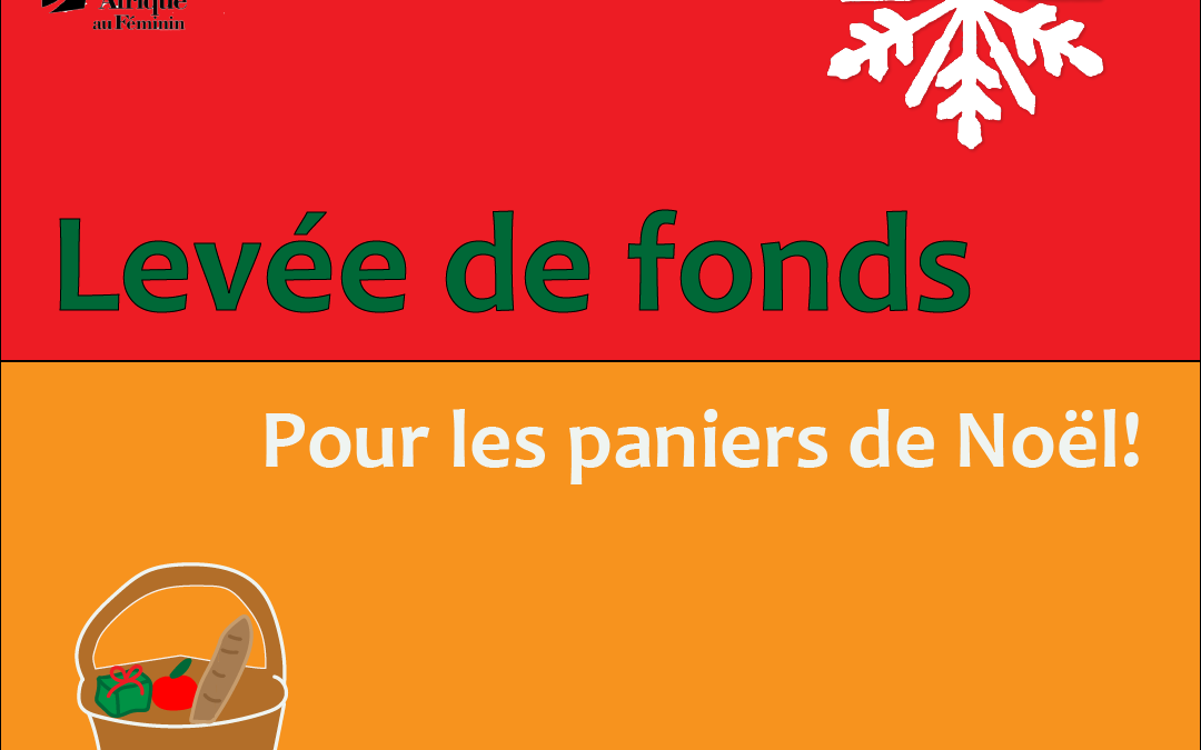 Affiche pour la levée de fonds pouyr les paniers de Noêl avec un flocon de neige et panier dessiné sur un fond rouge et orange